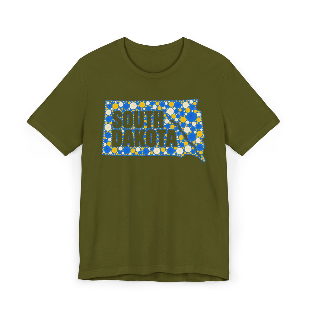 Olive green crewneck T-shirt with blue and yellow South Dakota polka-dot map graphic.