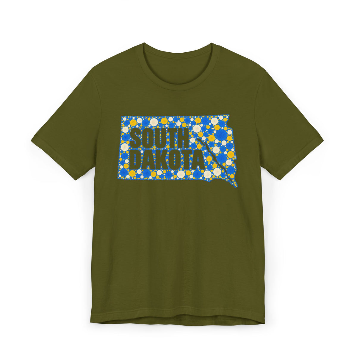 Olive green crewneck T-shirt with blue and yellow South Dakota polka-dot map graphic.