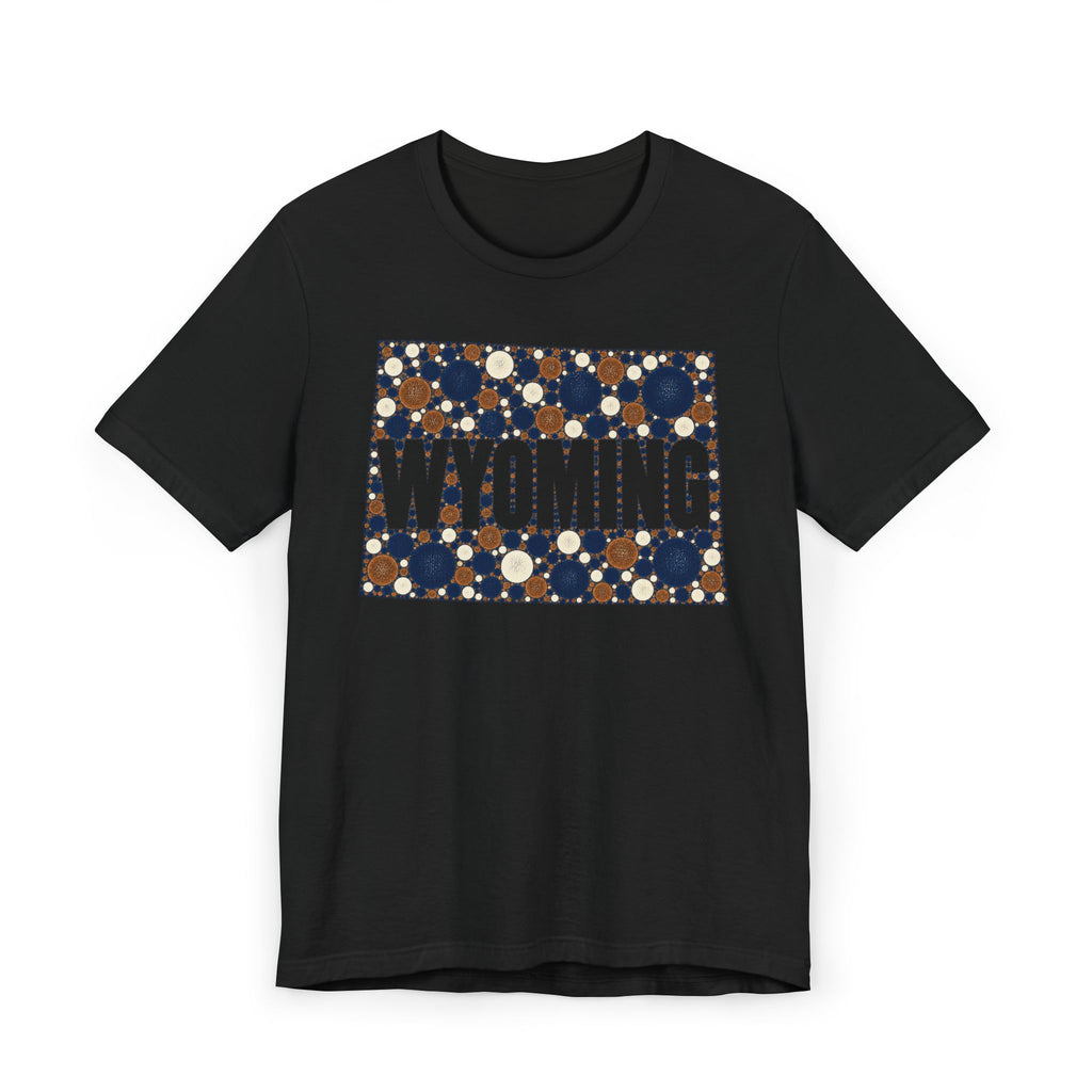 Black crew-neck T-shirt with Wyoming polka-dot map graphic and WYOMING text