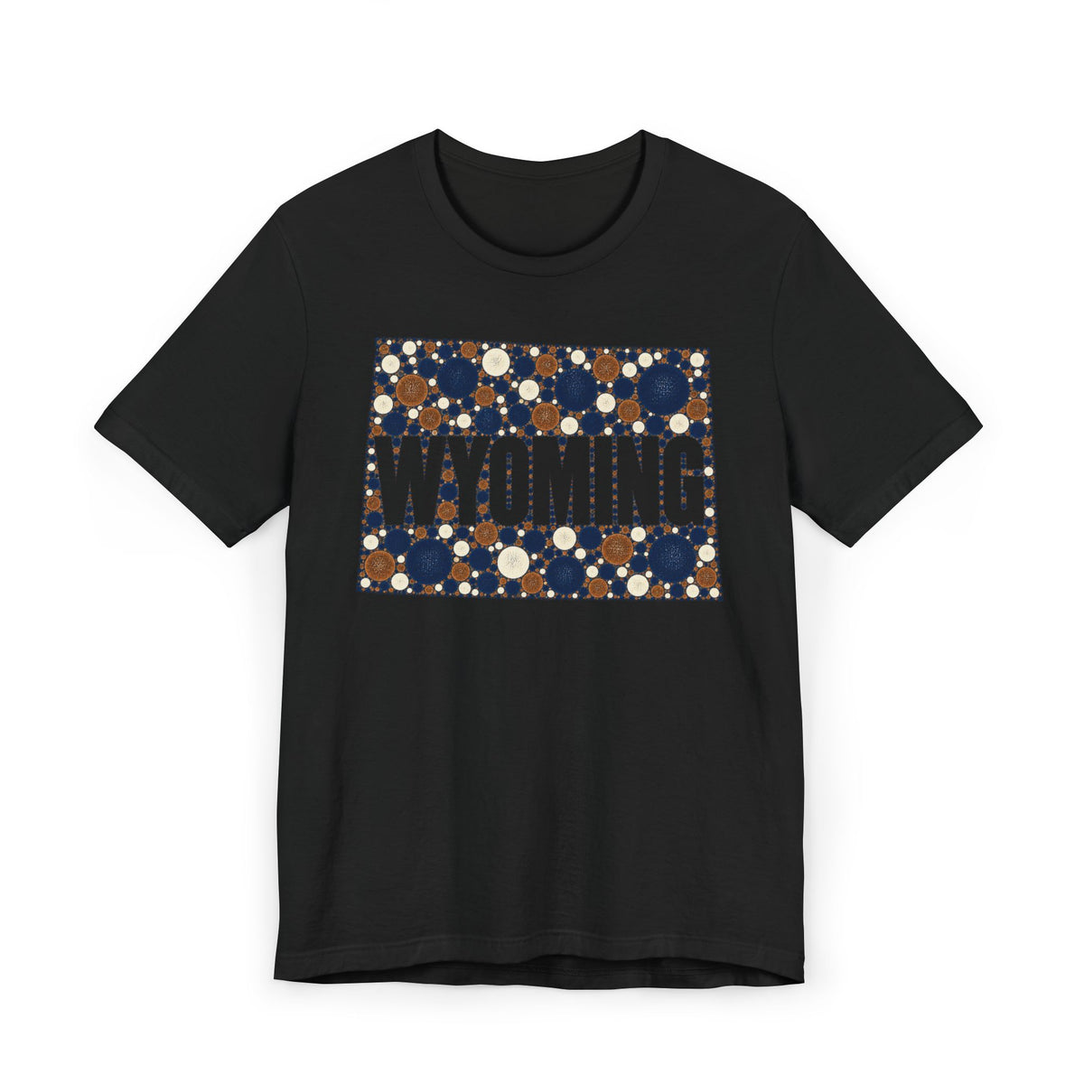 Black crew-neck T-shirt with Wyoming polka-dot map graphic and WYOMING text