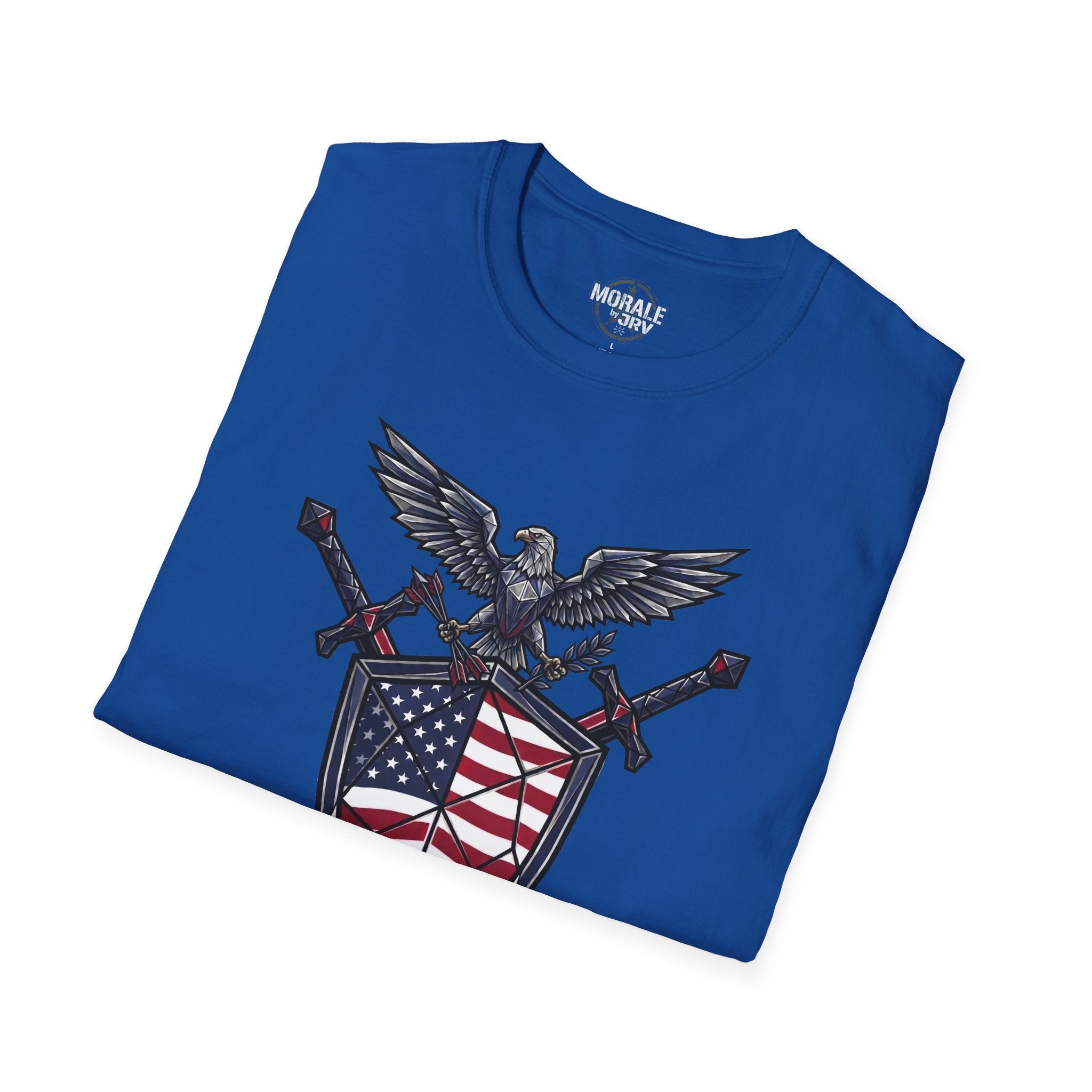 Royal blue T-shirt with eagle and American-flag graphic on front