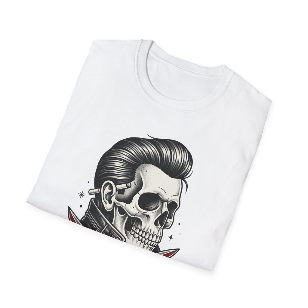 Rockabilly Rebel T-Shirt in white with skeleton rebel tattoo graphic on chest