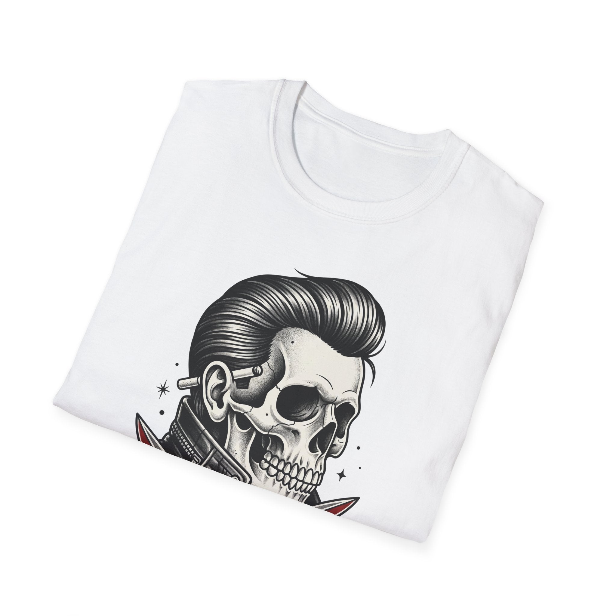Rockabilly Rebel T-Shirt in white with skeleton rebel tattoo graphic on chest