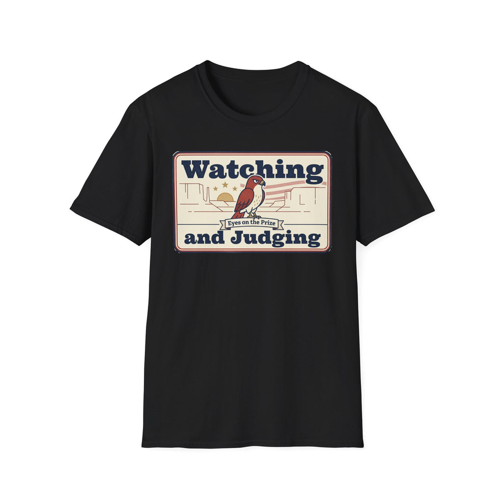 Black T-shirt with vintage bird graphic and Watching and Judging print