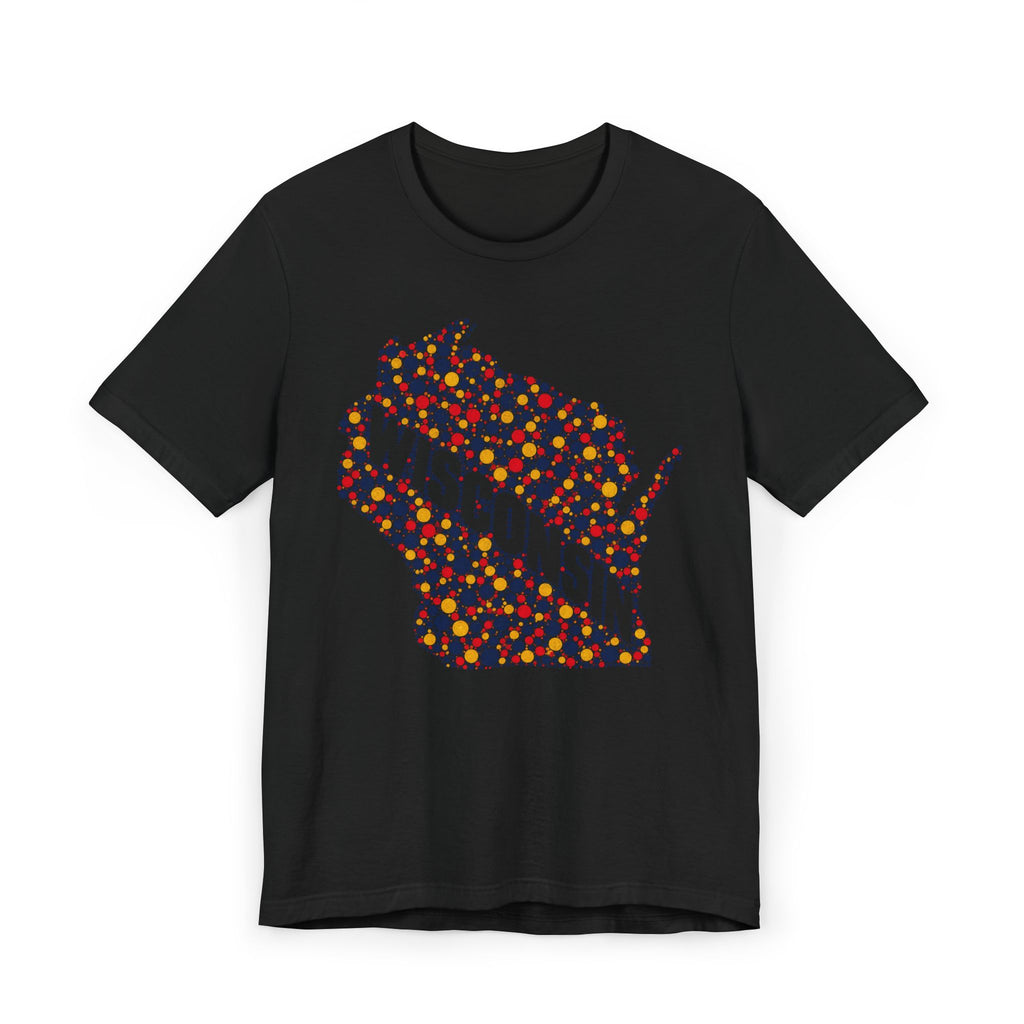 Black Wisconsin map graphic t-shirt with colorful floral dot design