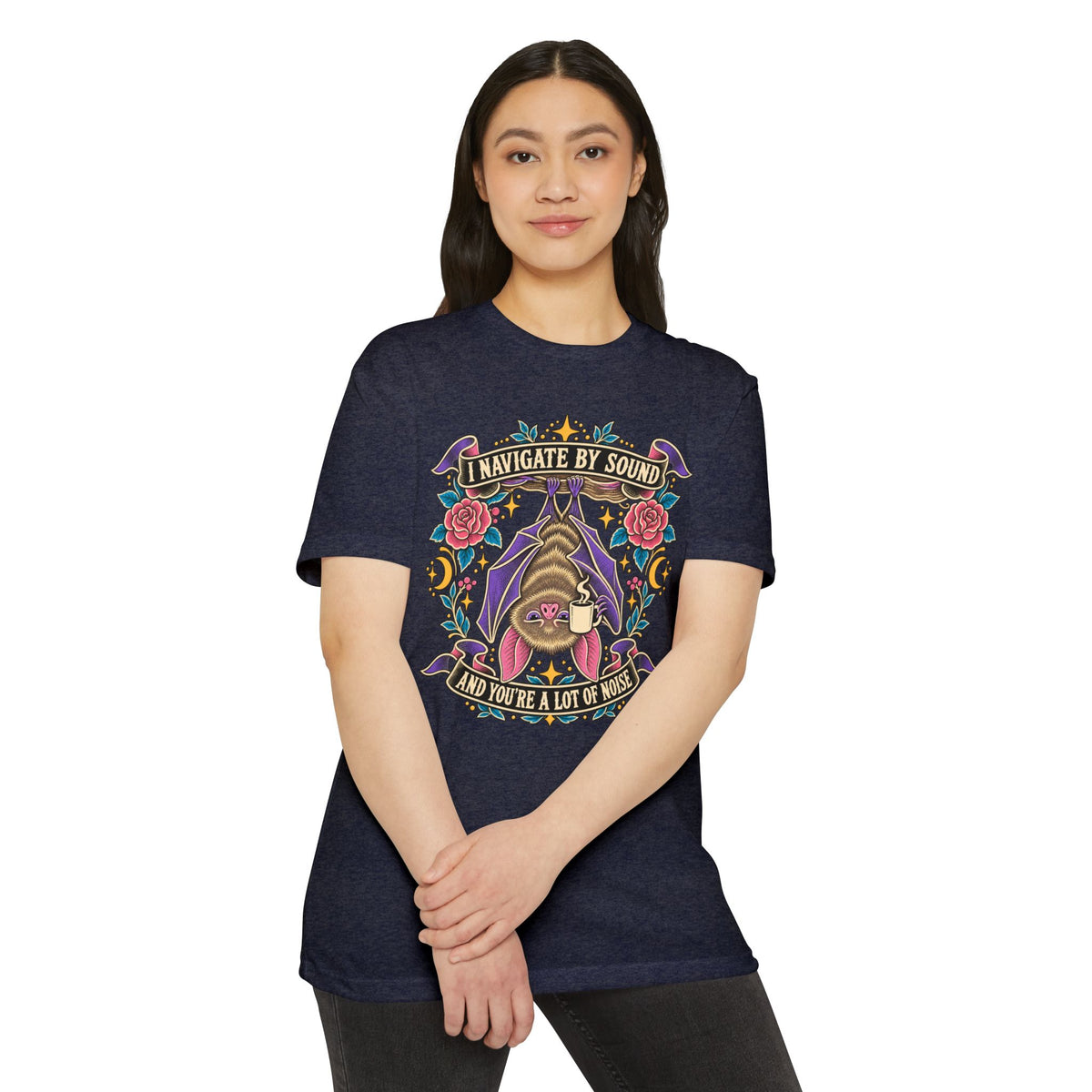 Navy crew-neck T-shirt featuring colorful bat floral sound artwork on chest