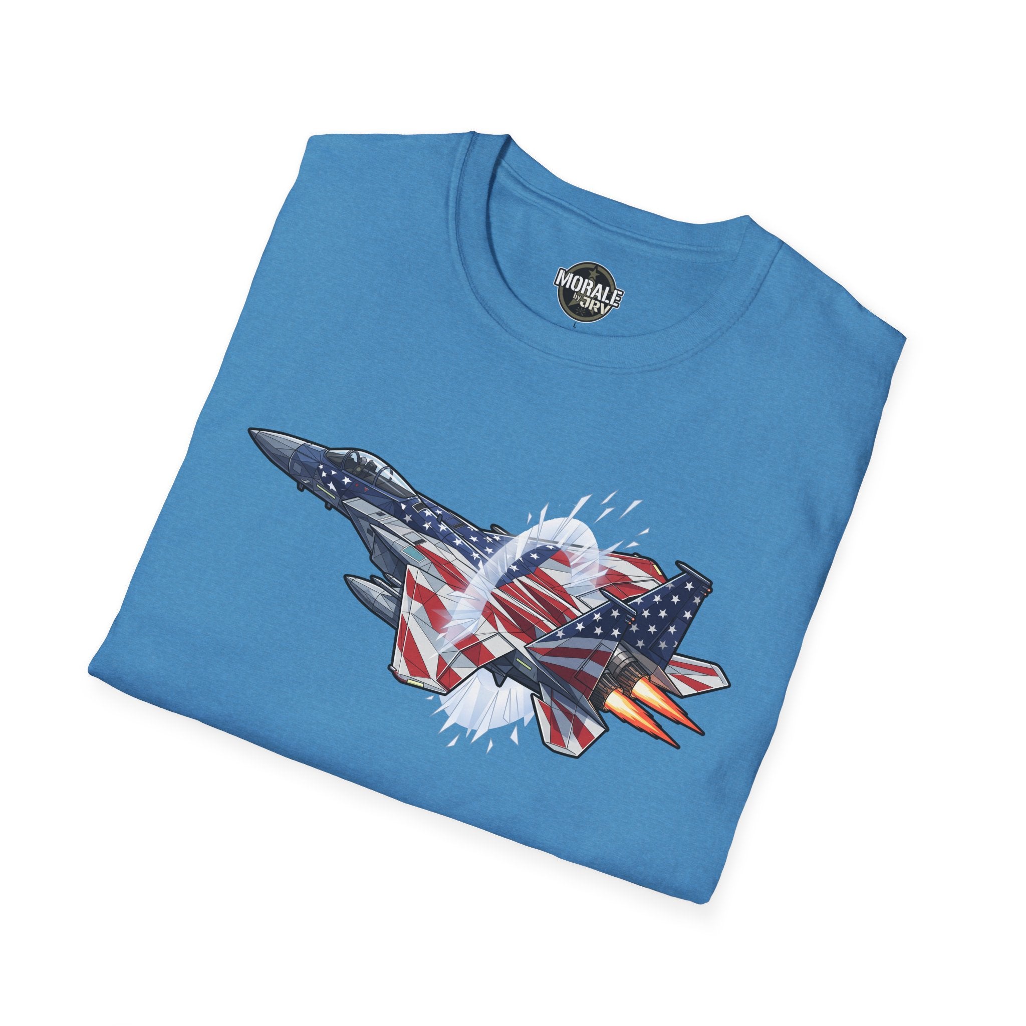 T-shirt bleu avec jet de chasse stylisé et drapeau USA
