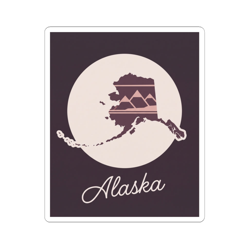Alaska silhouette vinyl decal sticker, square with moon circle, mauve Alaska map, cursive Alaska
