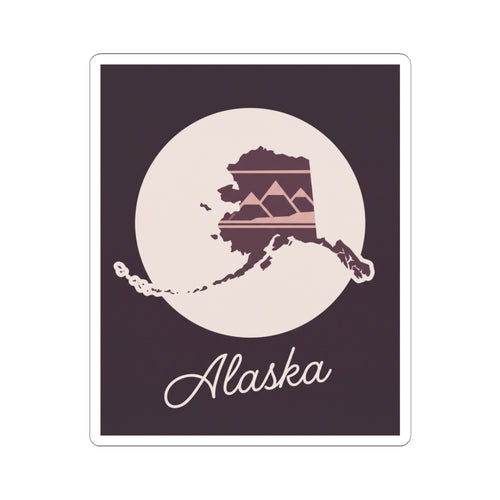 Alaska silhouette vinyl decal sticker, square with moon circle, mauve Alaska map, cursive Alaska
