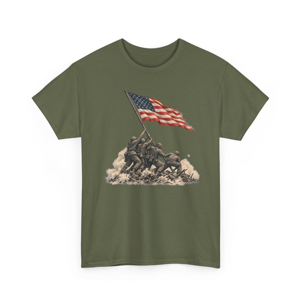 Military green graphic T-shirt with waving American flag over raised battle scene