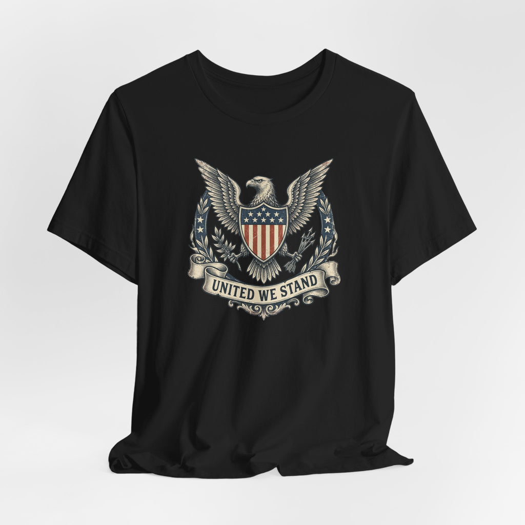 Black T-shirt with eagle shield crest and laurel graphic centered on the chest