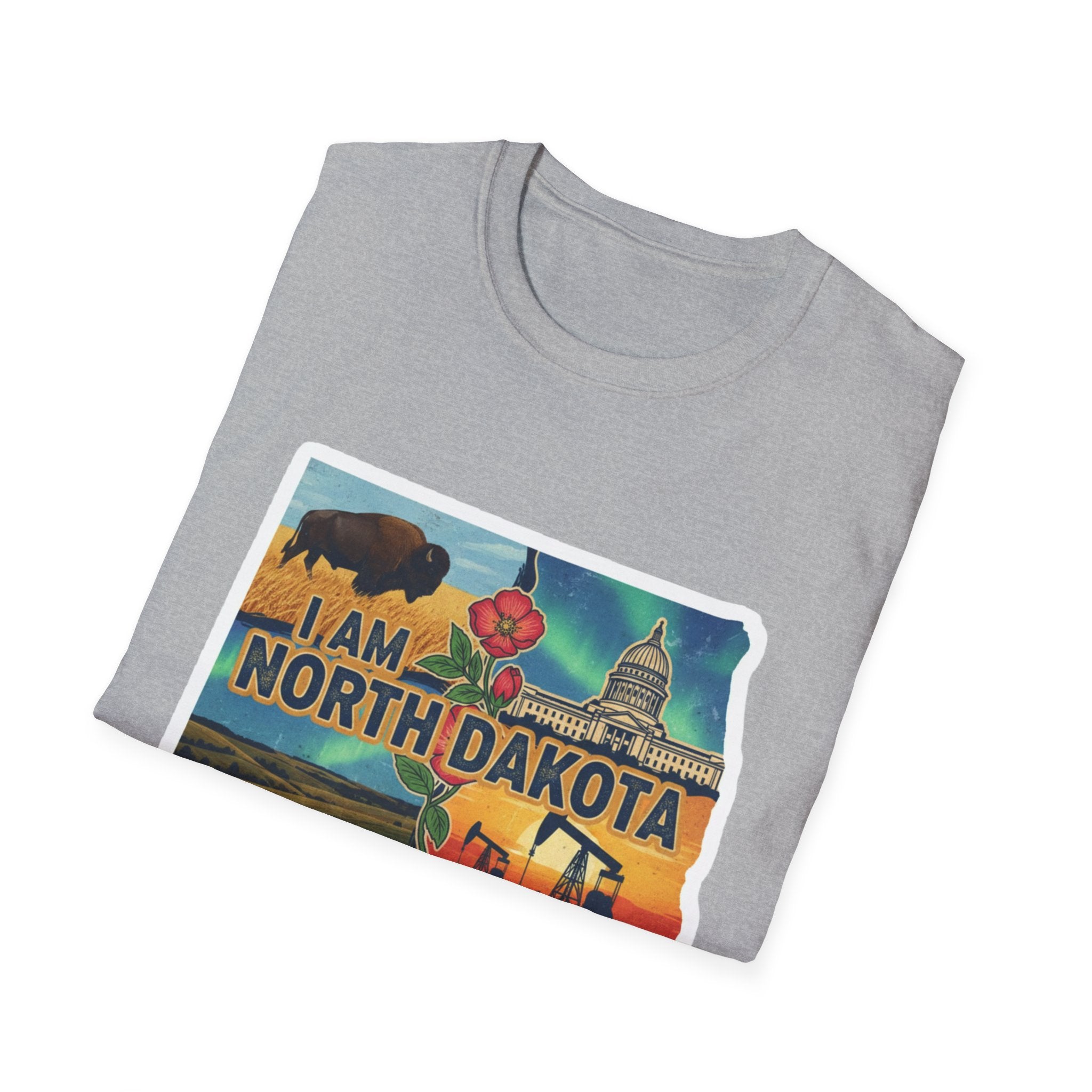 Sport Grey T-shirt with “I Am North Dakota” bison and capitol print