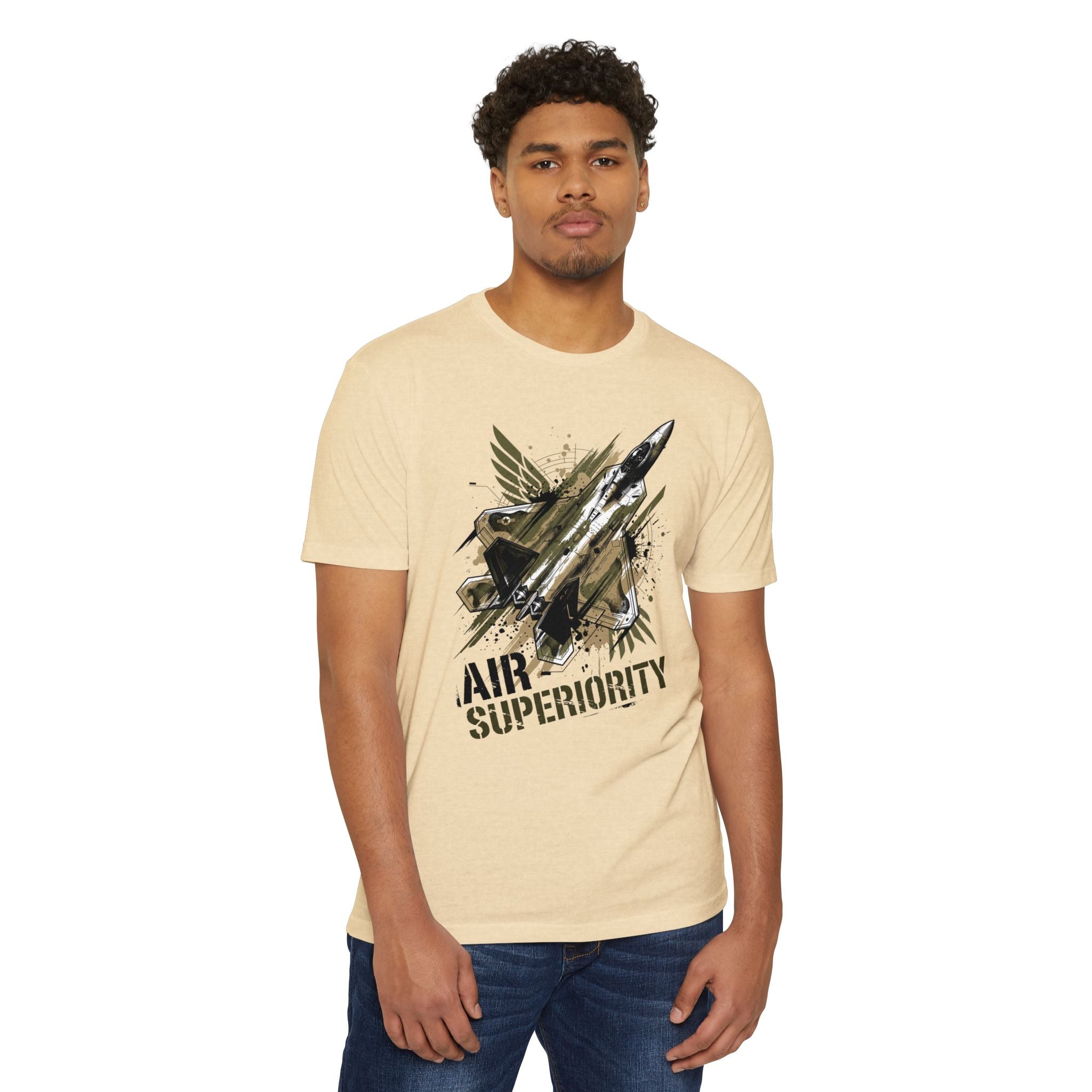 Air superiority jet fighter T-shirt in cream with front jet graphic and text