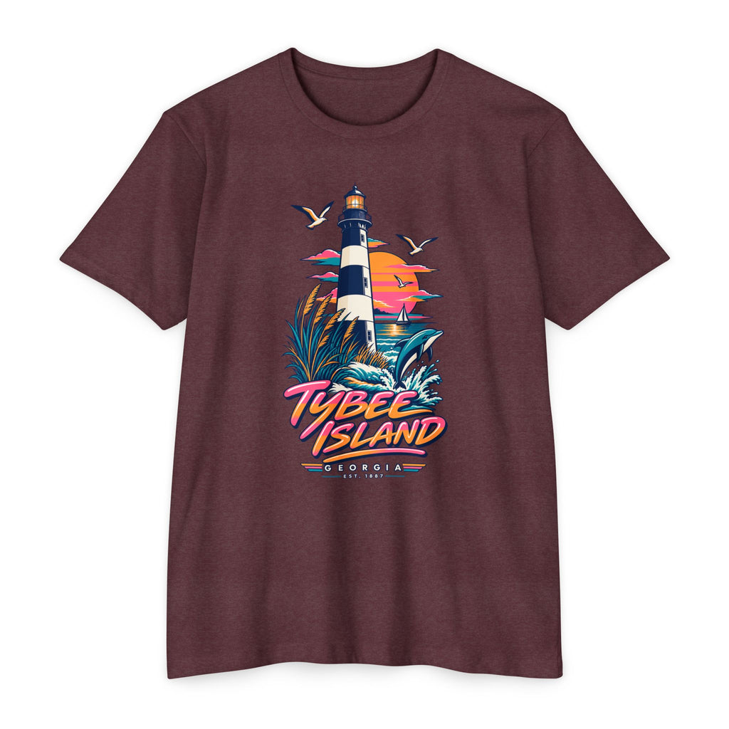 Maroon T-shirt with lighthouse graphic and multicolor “Tybee Island” print