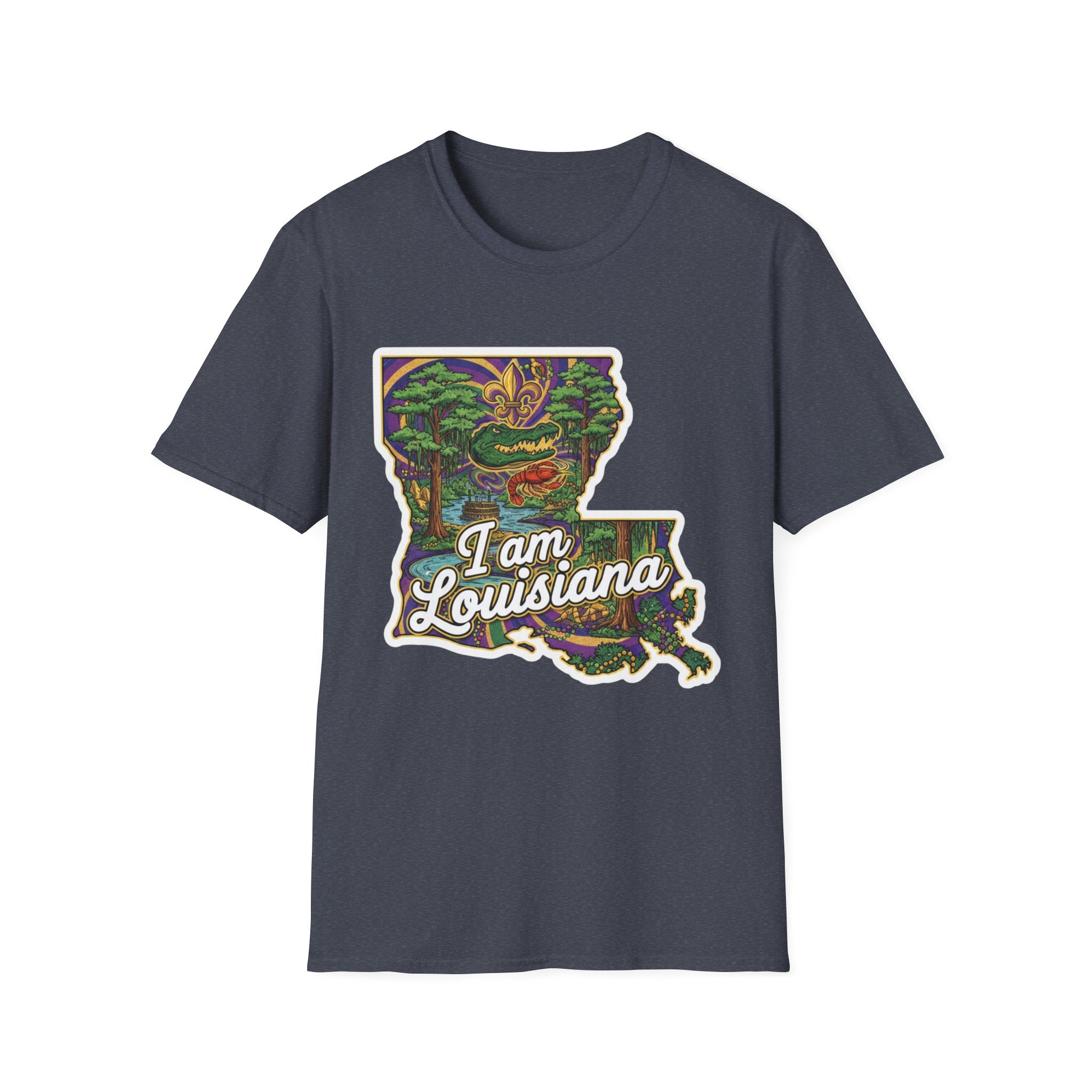 Camiseta azul oscuro jaspeada con mapa de Luisiana multicolor y texto “I am Louisiana”
