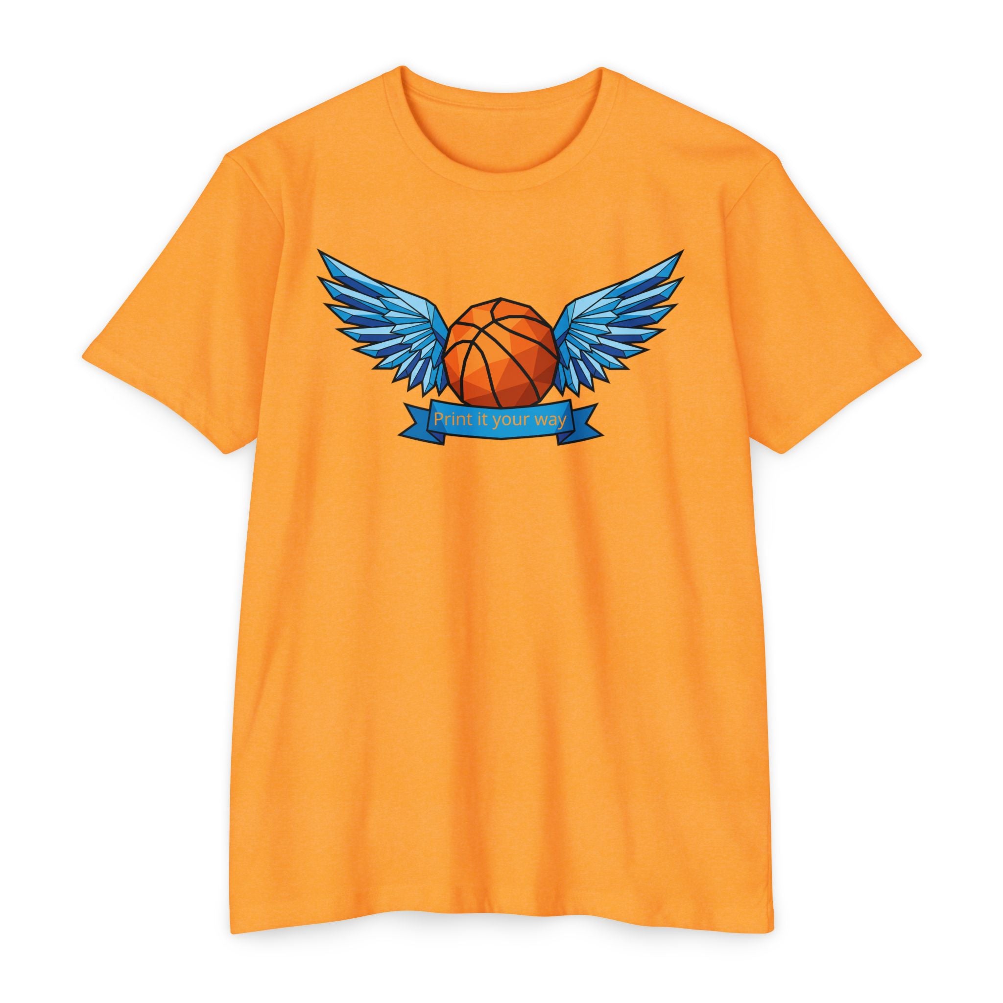Orange t-shirt with winged basketball graphic and small banner print at center.