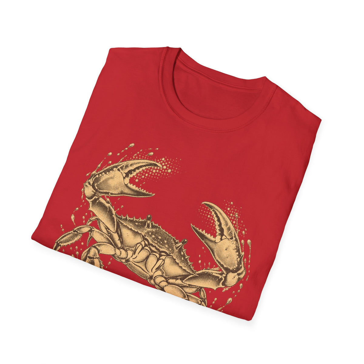 Red crew-neck t-shirt with vintage blue crab graphic and dotted accents
