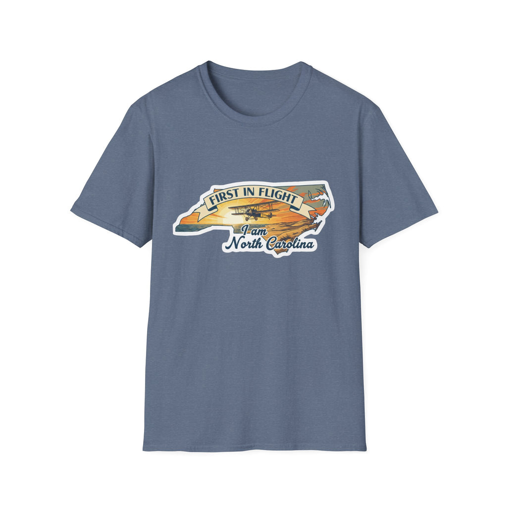 North Carolina T-shirt in slate blue, “First in Flight” plane over state outline chest print