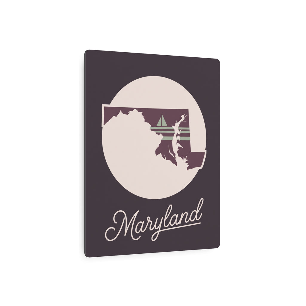 Square dark purple Maryland metal wall art with circular state silhouette and script 'Maryland'