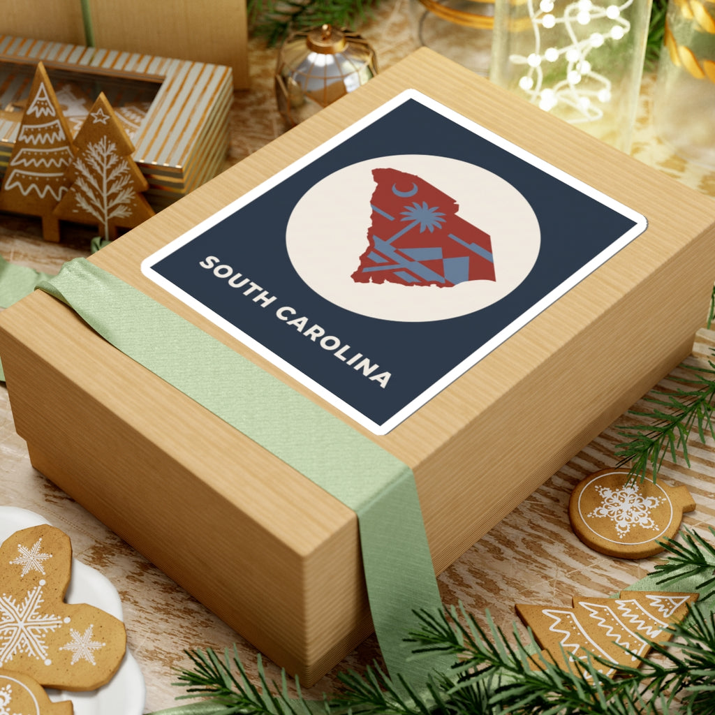 South Carolina map sticker with palm tree icon inside white circle and “SOUTH CAROLINA”