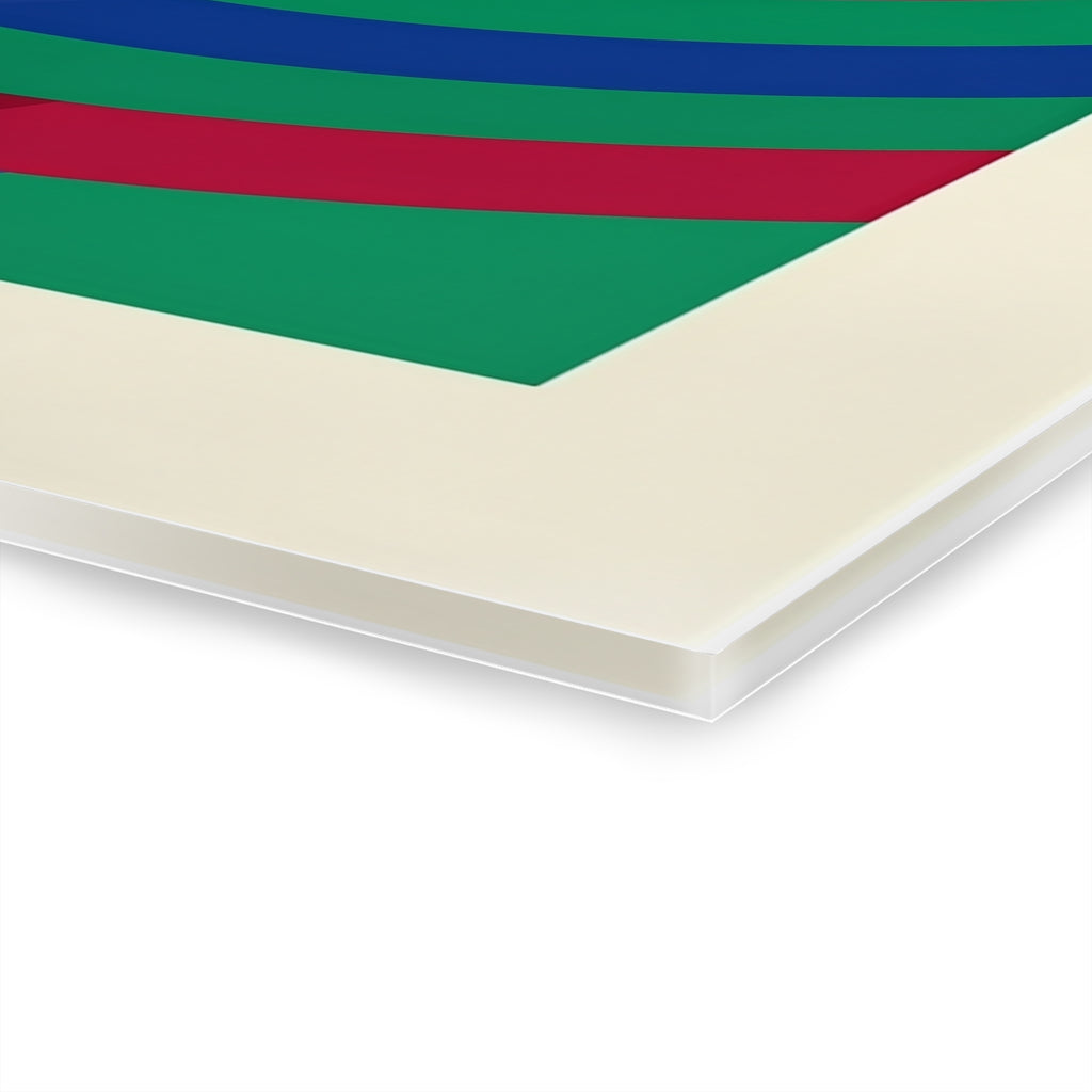 Artwork corner edge view, 0.25 in thick white frame with green and red strip