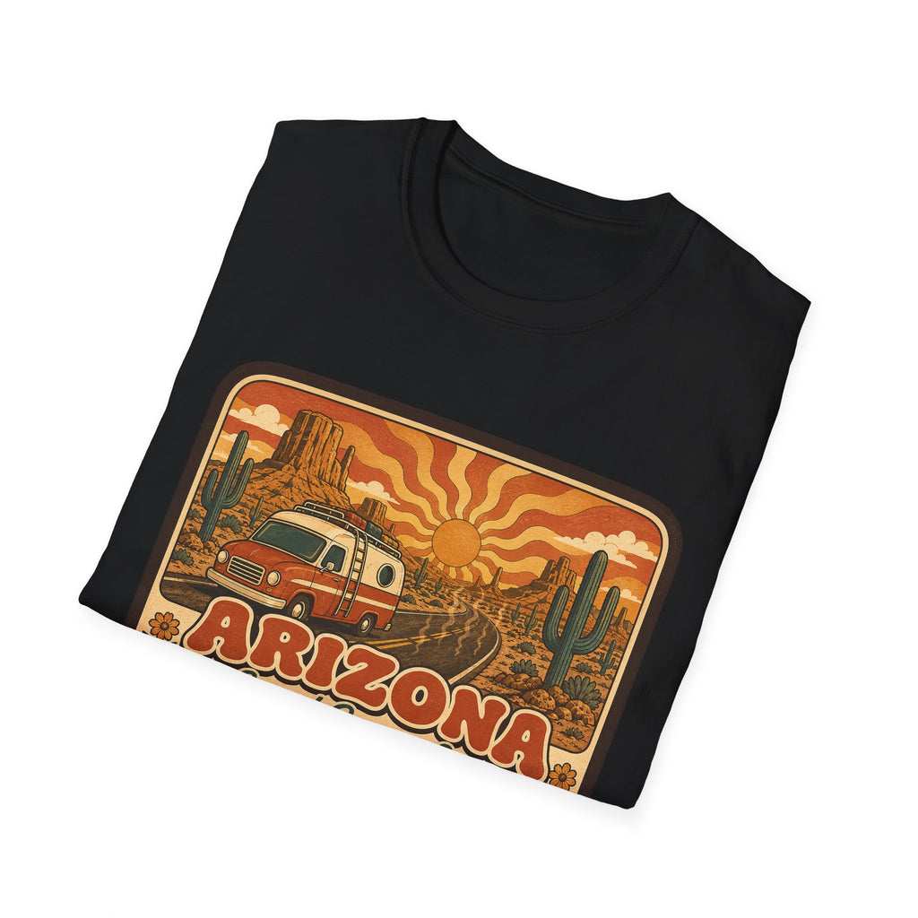 Black unisex graphic T-shirt with Arizona desert van and cactus print