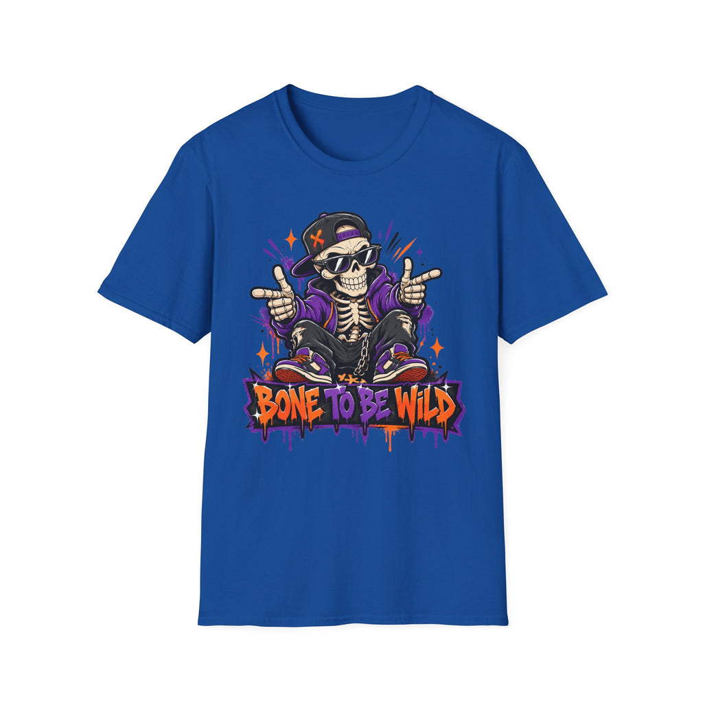 Skull DJ graphic T-shirt, royal blue with colorful front print