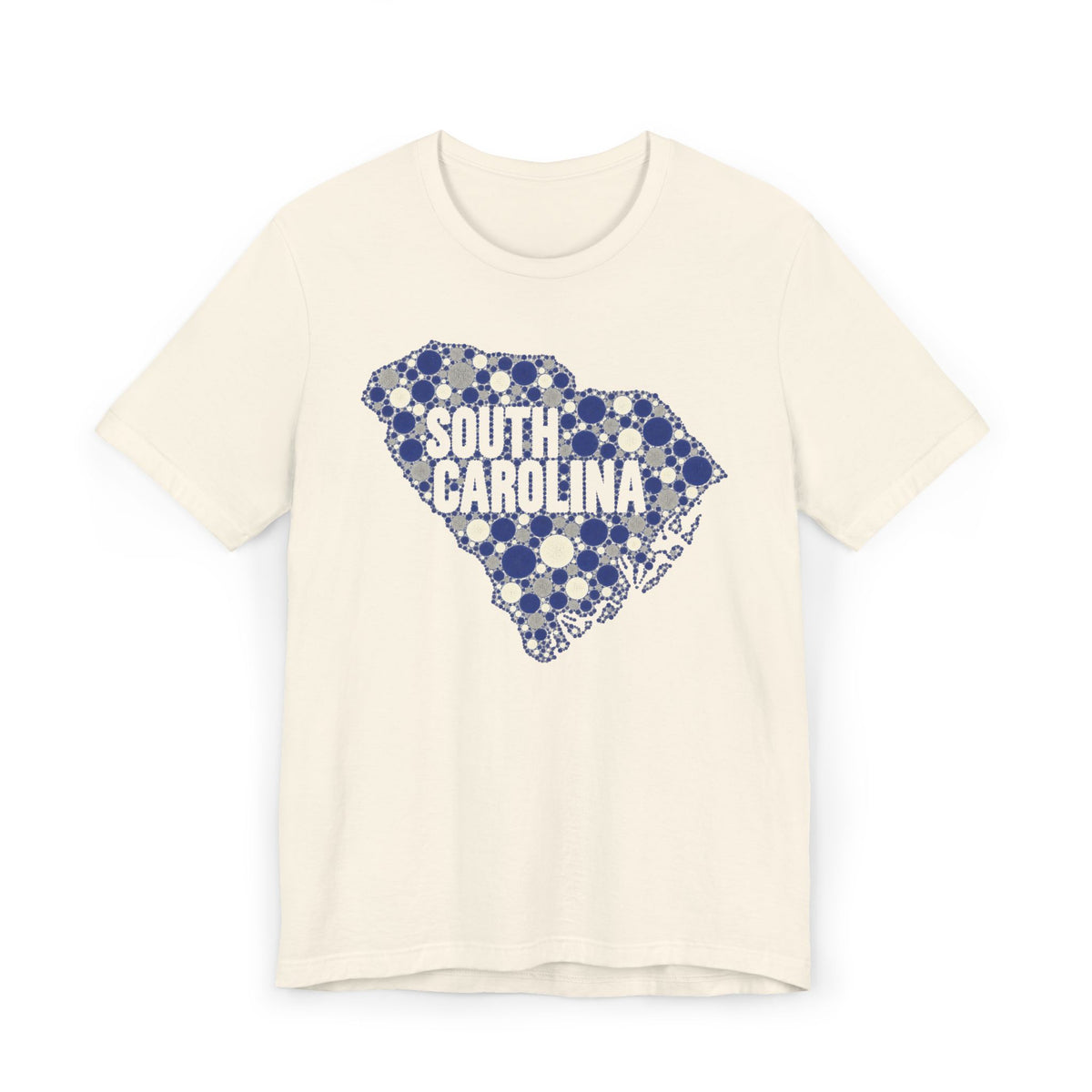 Cream South Carolina floral map graphic T-shirt with blue dotted outline and text