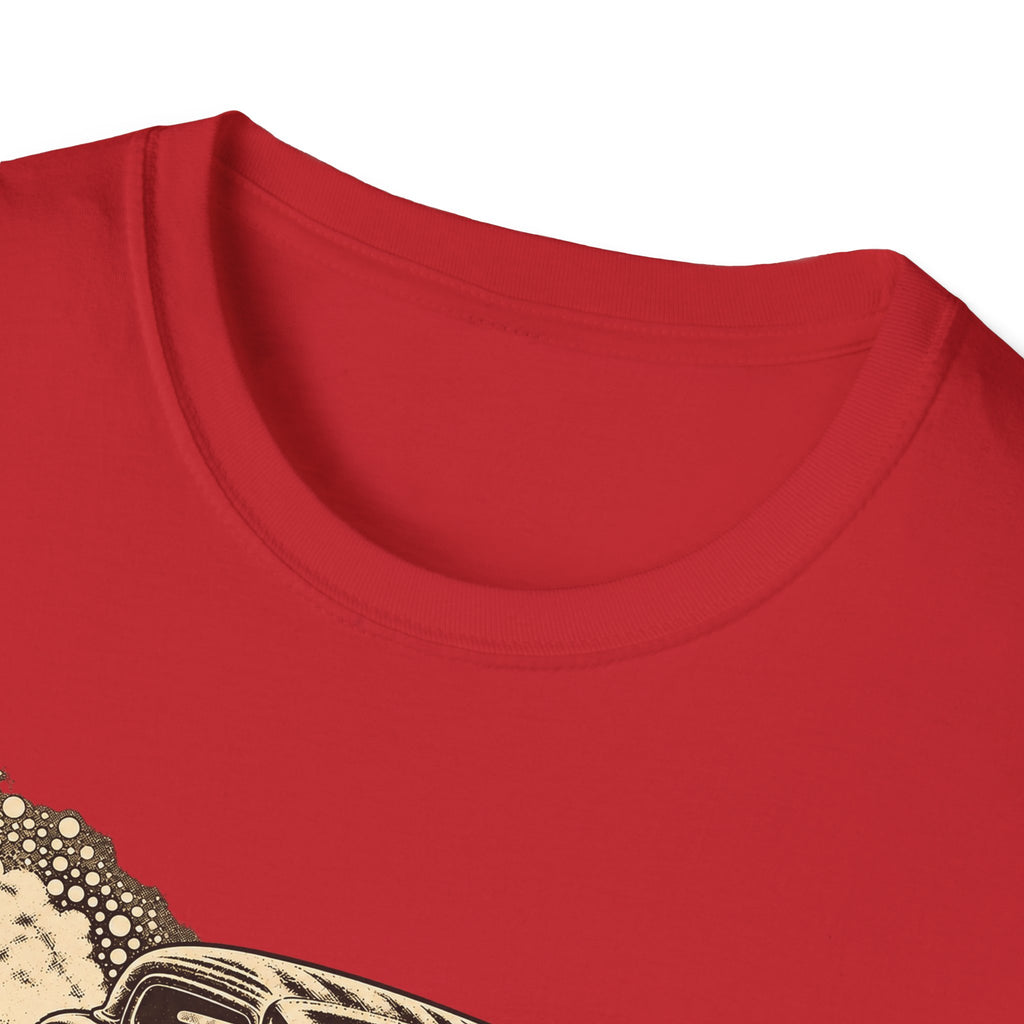Red crew-neck t-shirt with partial vintage hot rod graphic at lower left