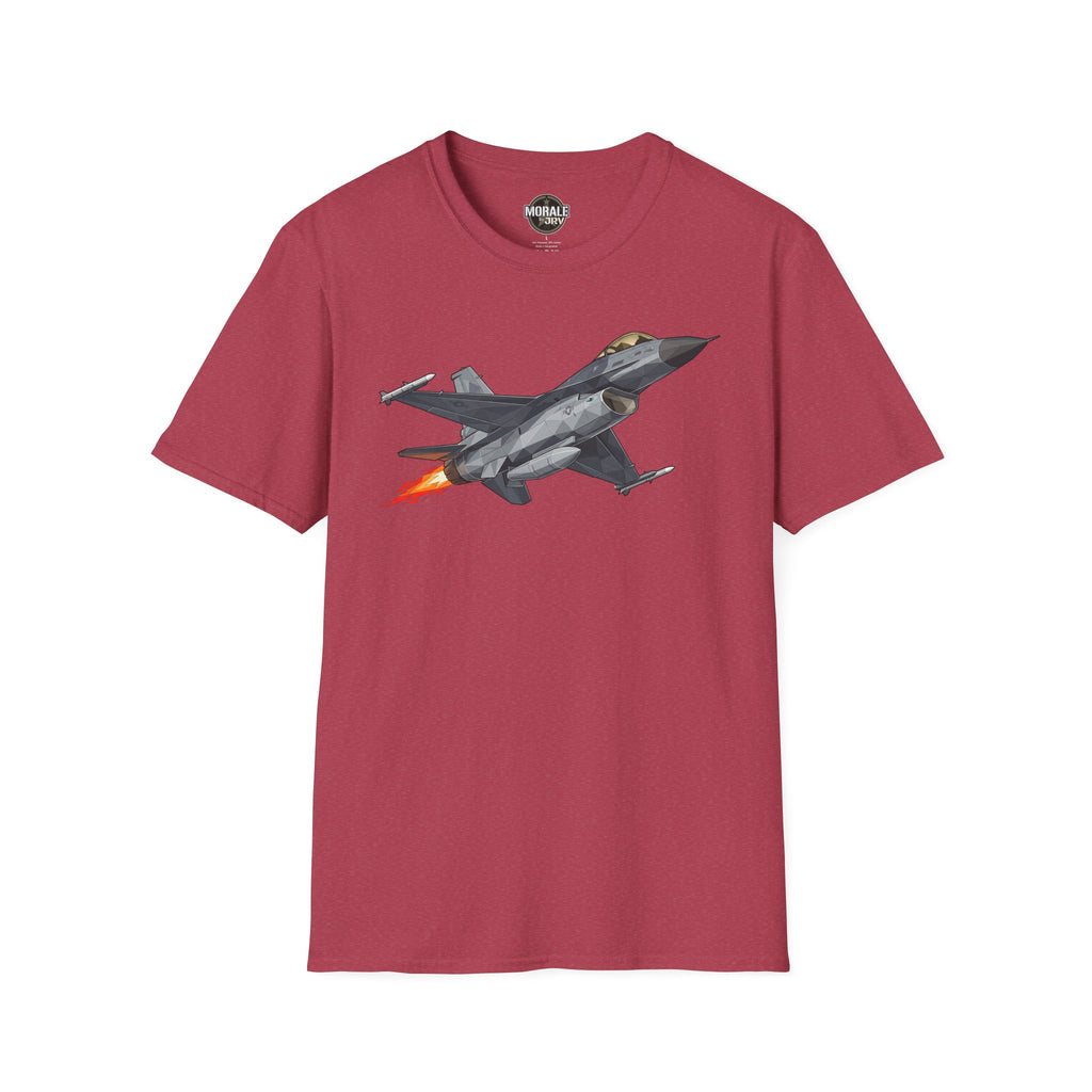 F-16 T-shirt, burgundy fabric with gray jet illustration and orange flame