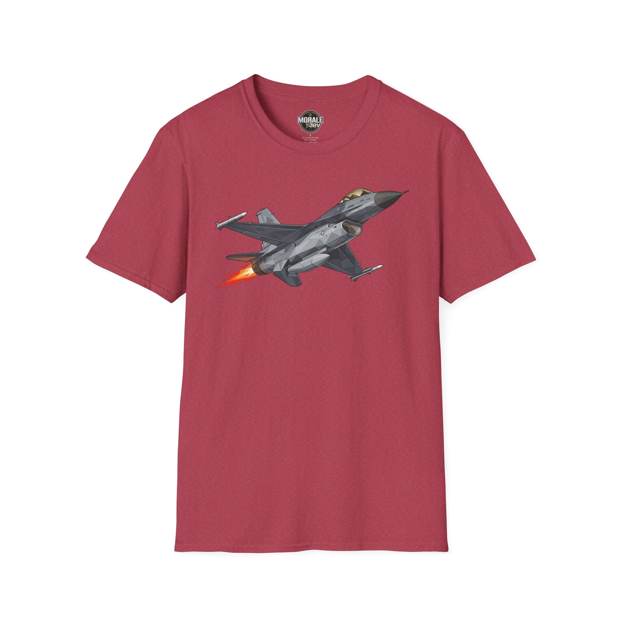 F-16 T-shirt, burgundy fabric with gray jet illustration and orange flame