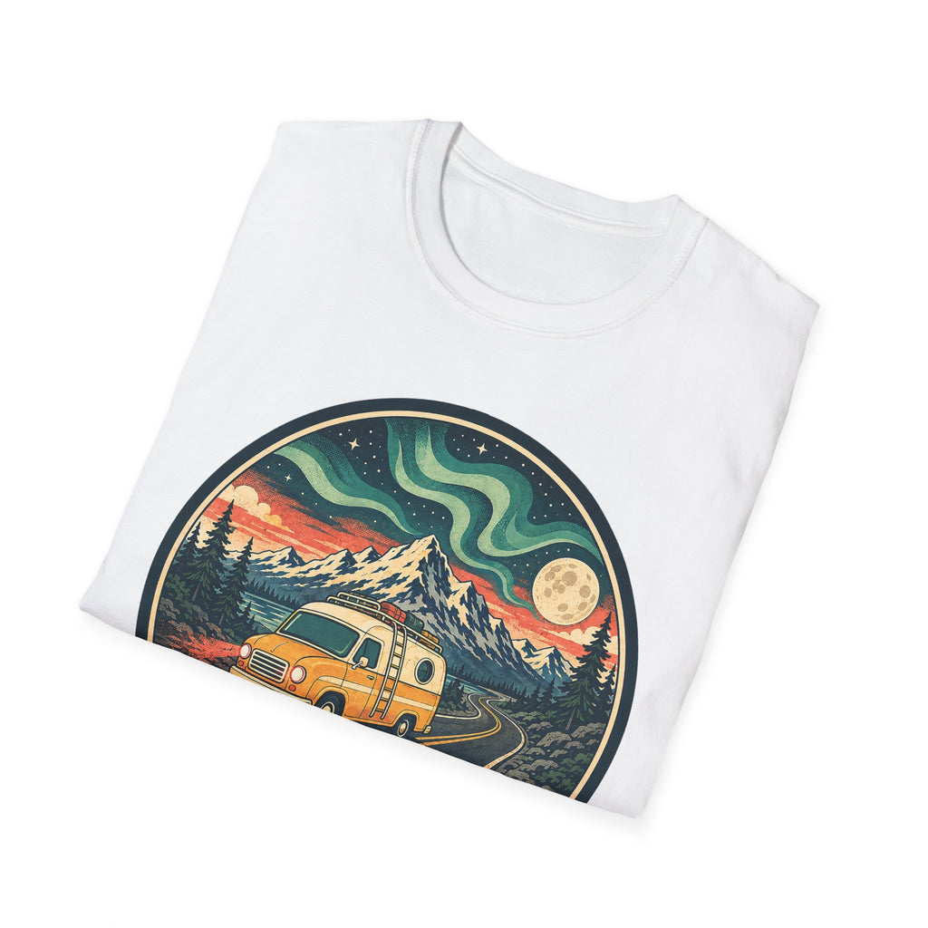 White unisex T-shirt with circular camper, mountains, moon and aurora graphic