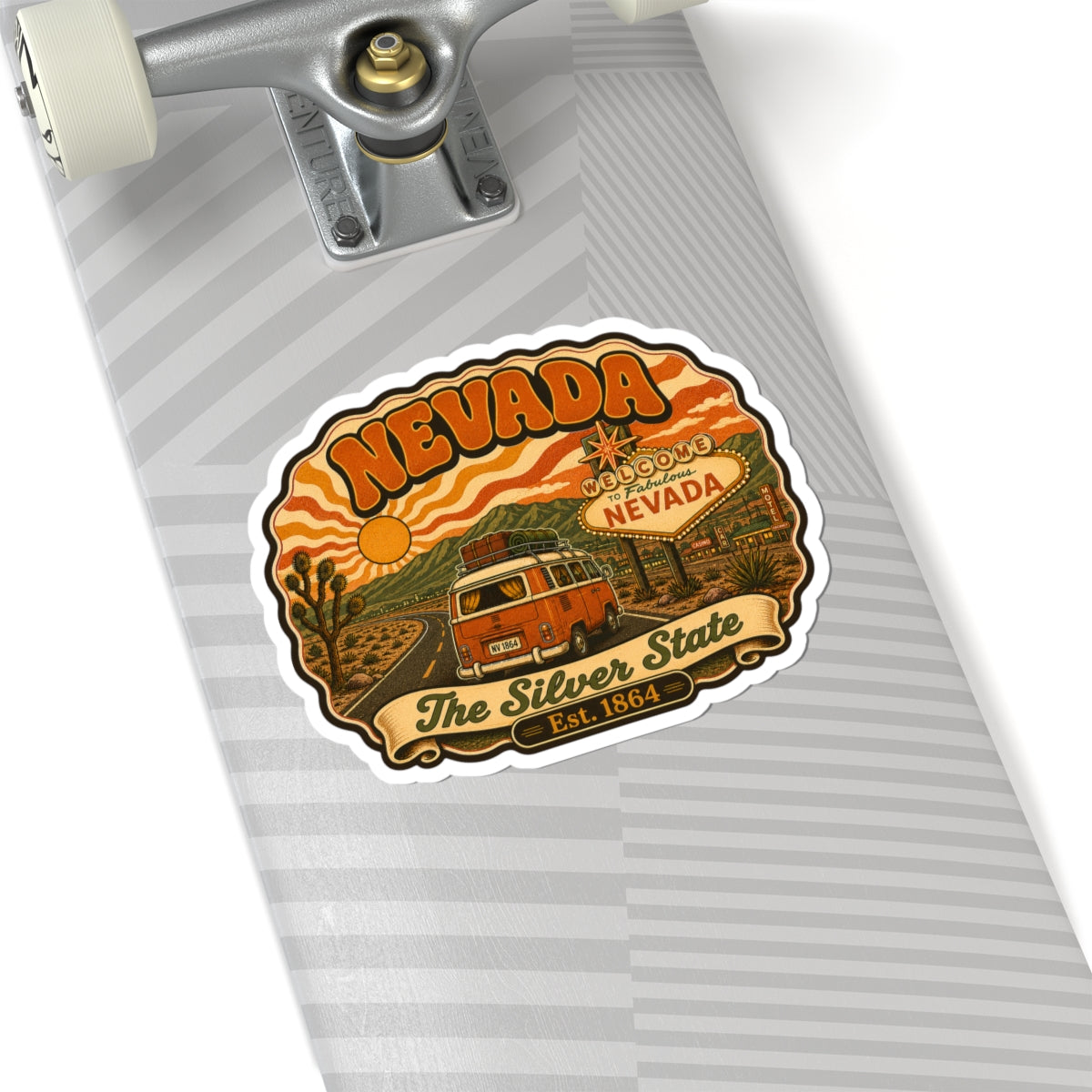 Nevada sticker on tote with gray stripes: retro van desert graphic and Est. 1864