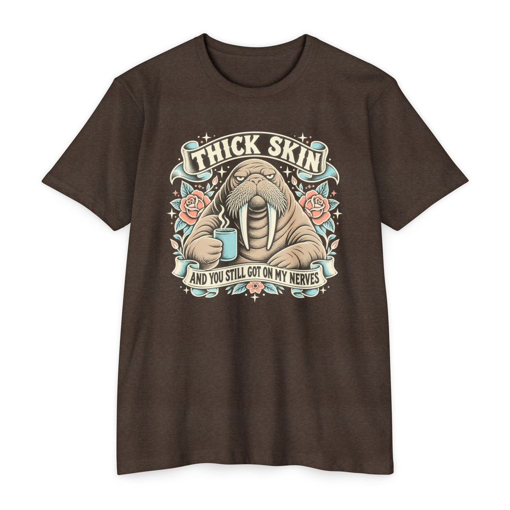 Walrus graphic t-shirt in brown with front chest logo and ribbon lettering