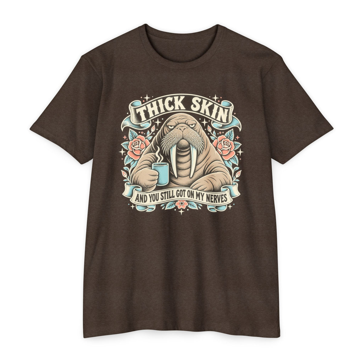 Walrus graphic t-shirt in brown with front chest logo and ribbon lettering