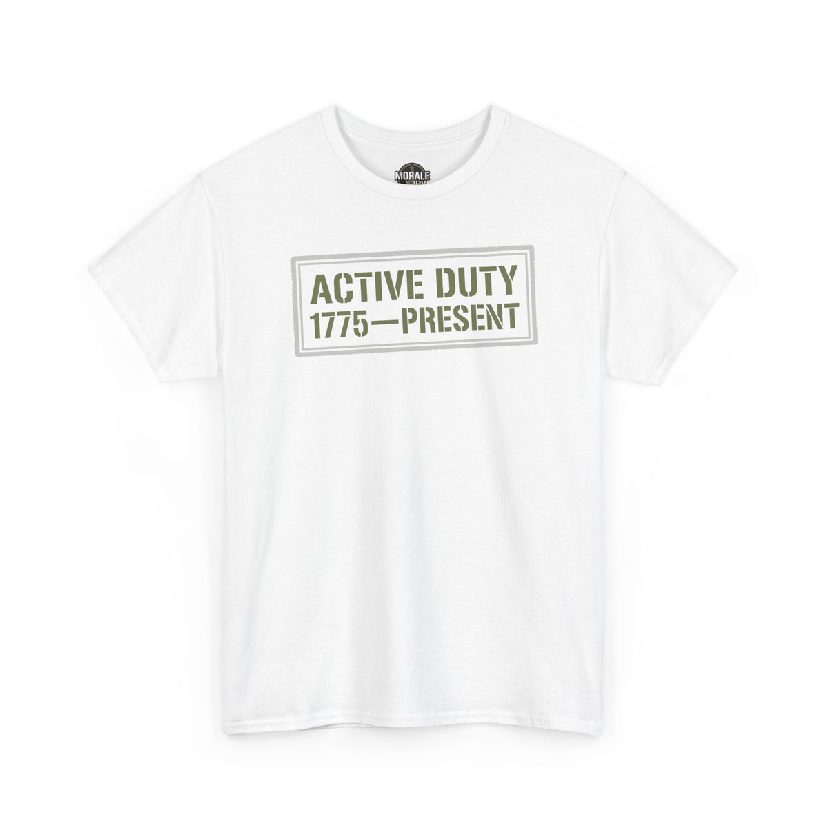 White active duty T-shirt with centered “ACTIVE DUTY 1775—PRESENT” front graphic