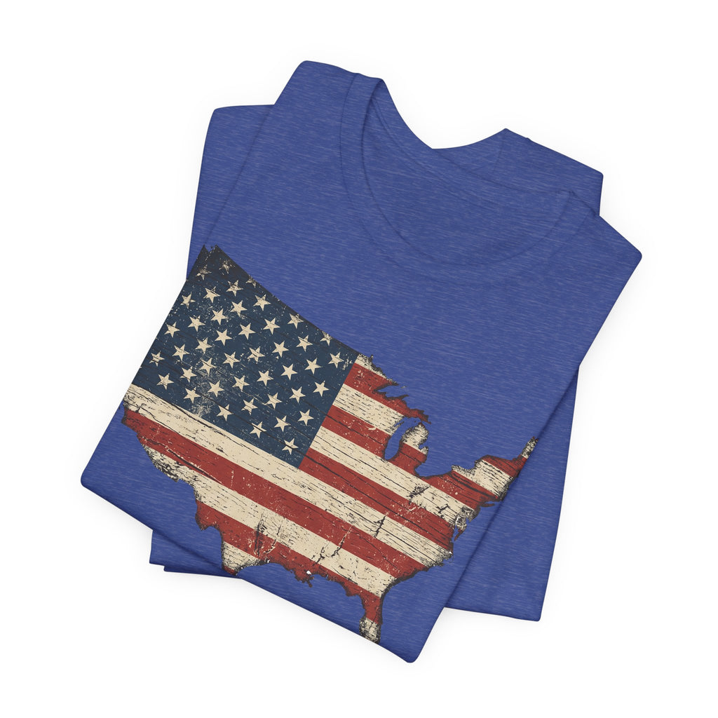 Heather true royal blue T-shirt with distressed American flag USA map graphic, crew neck