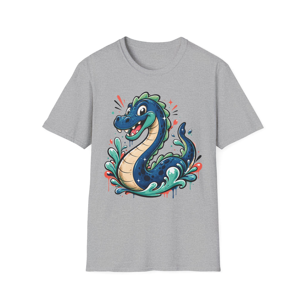 Light gray sea serpent graphic tee featuring a smiling cartoon lake monster front design