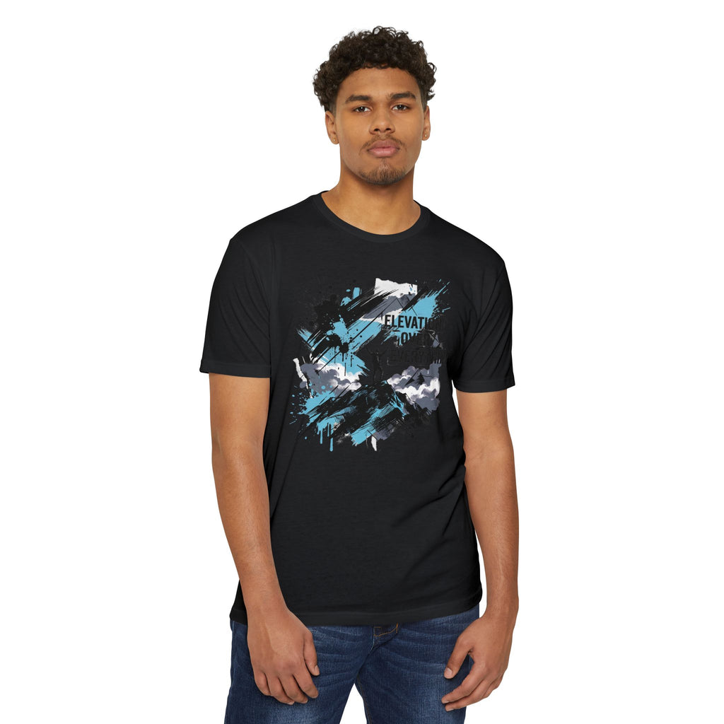 Black crewneck T-shirt with centered blue and white mountain graphic