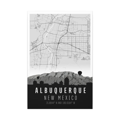 Albuquerque New Mexico map canvas with skyline silhouette and coordinates text