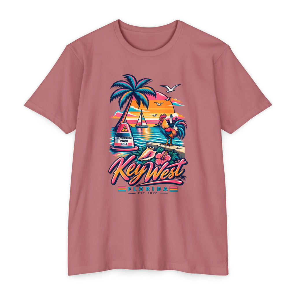 Rose mauve crewneck T-shirt with Key West Florida beach graphic and palm tree