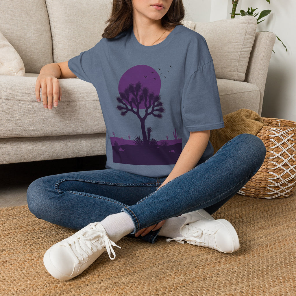 Slate blue graphic T-shirt with purple desert moon and tree landscape print