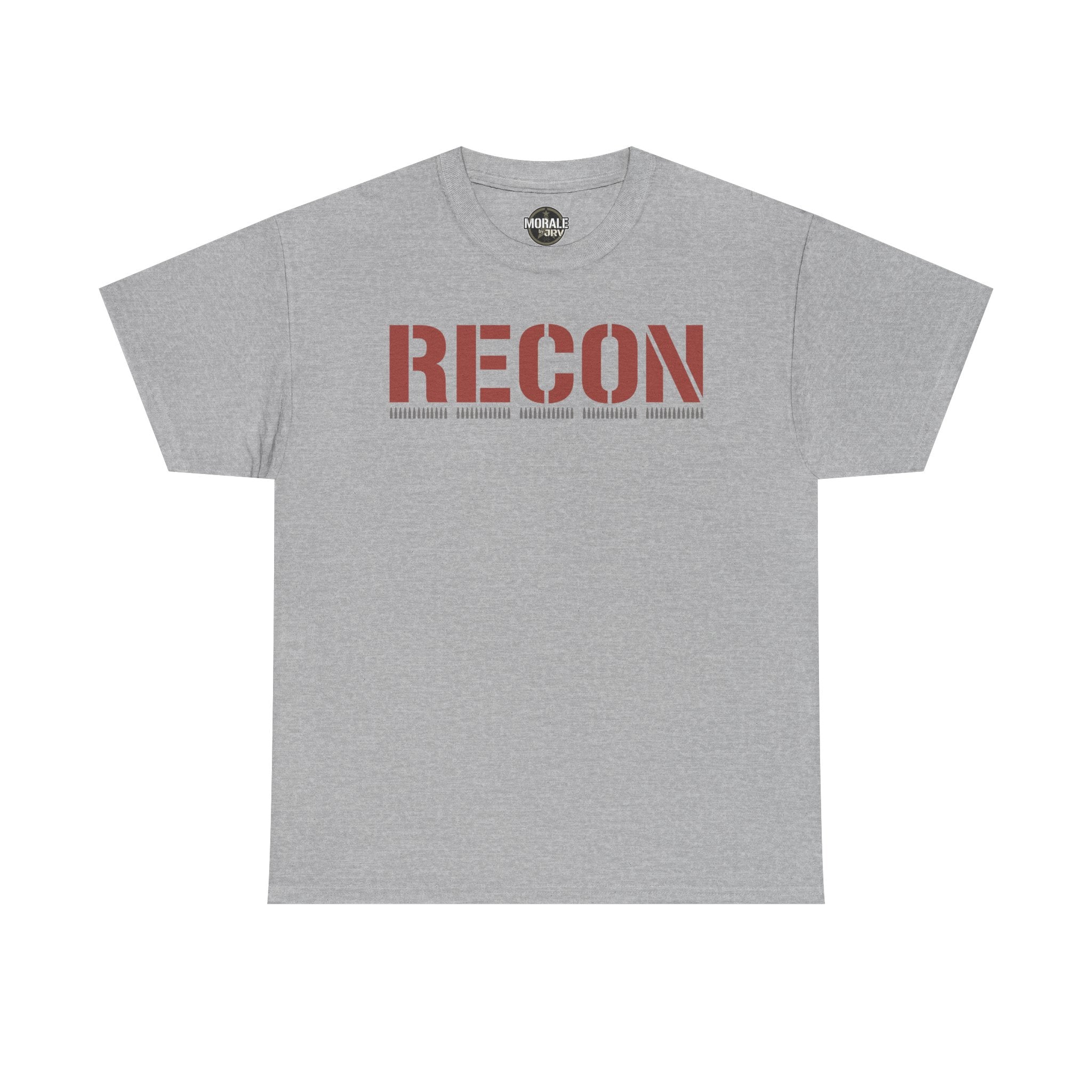 Light gray unisex graphic T-shirt with large 'RECON' stencil logo on chest