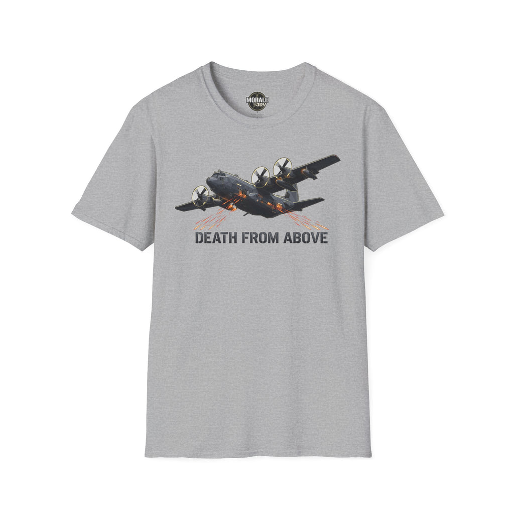 Death From Above T-Shirt in heather gray with military plane print and orange highlights