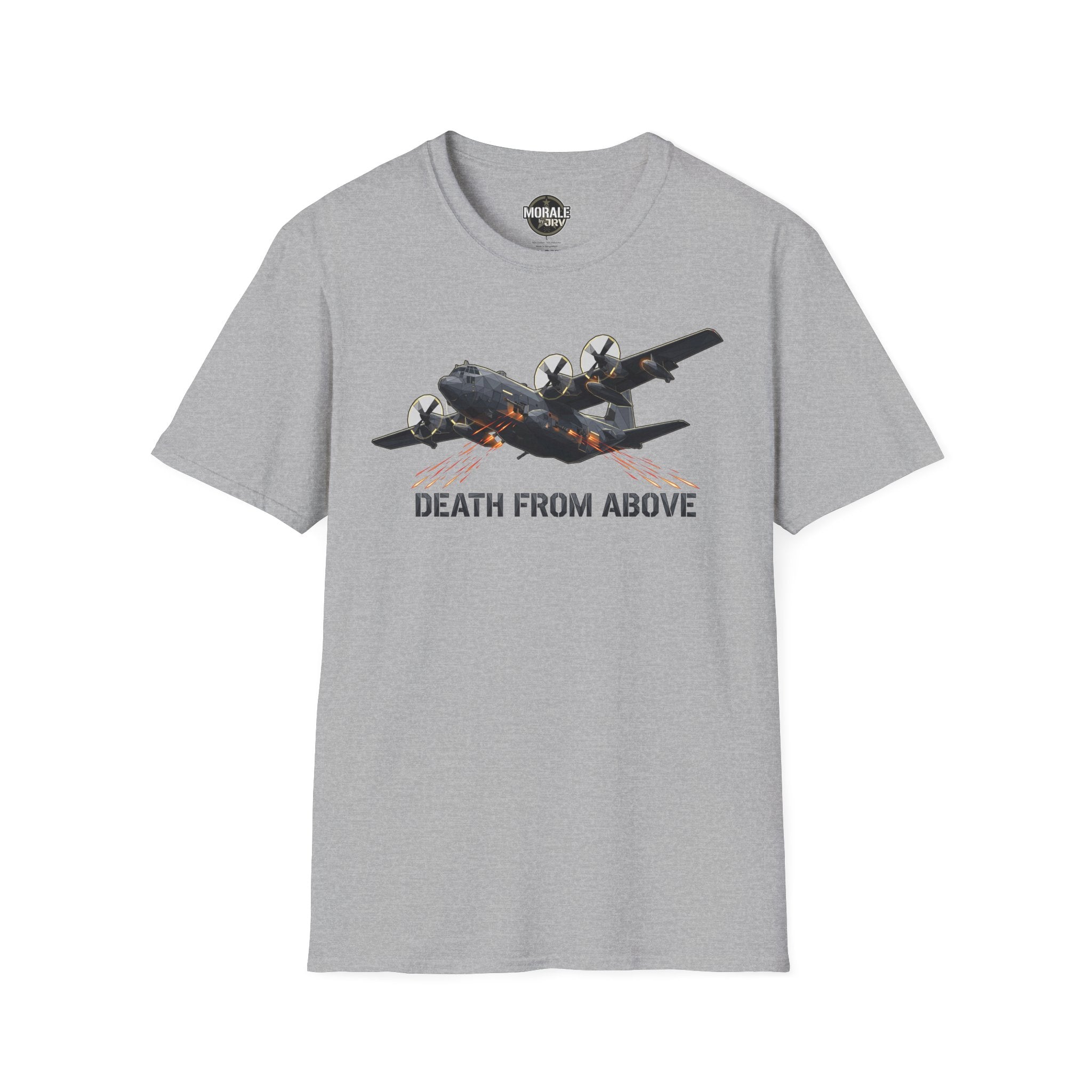 Death From Above T-Shirt in heather gray with military plane print and orange highlights