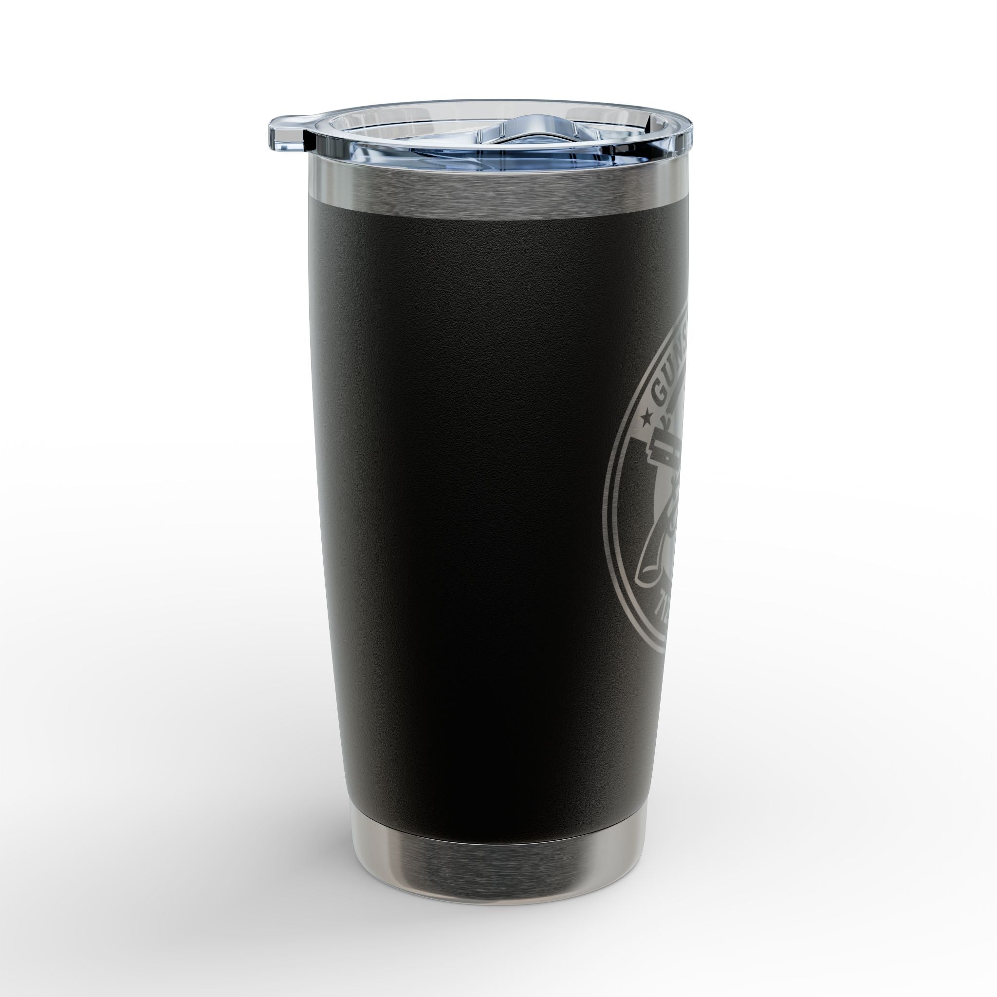 Black 20oz stainless insulated travel tumbler with engraved side graphic