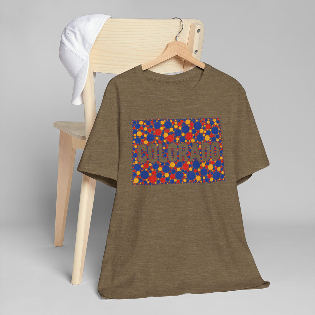 Brown crewneck T-shirt with colorful patterned rectangle graphic on the chest