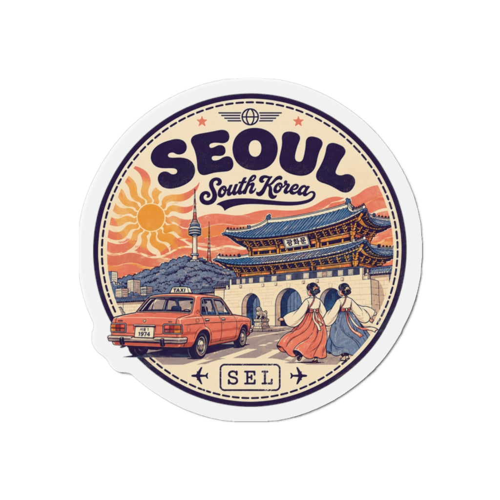 Round die-cut Seoul South Korea travel magnet with retro city scene, taxi, and palace lettering