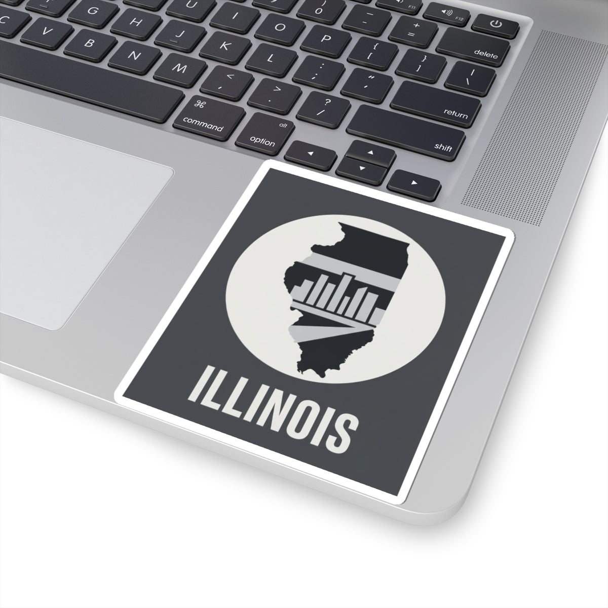 Illinois skyline state silhouette sticker on laptop with “ILLINOIS” under circle