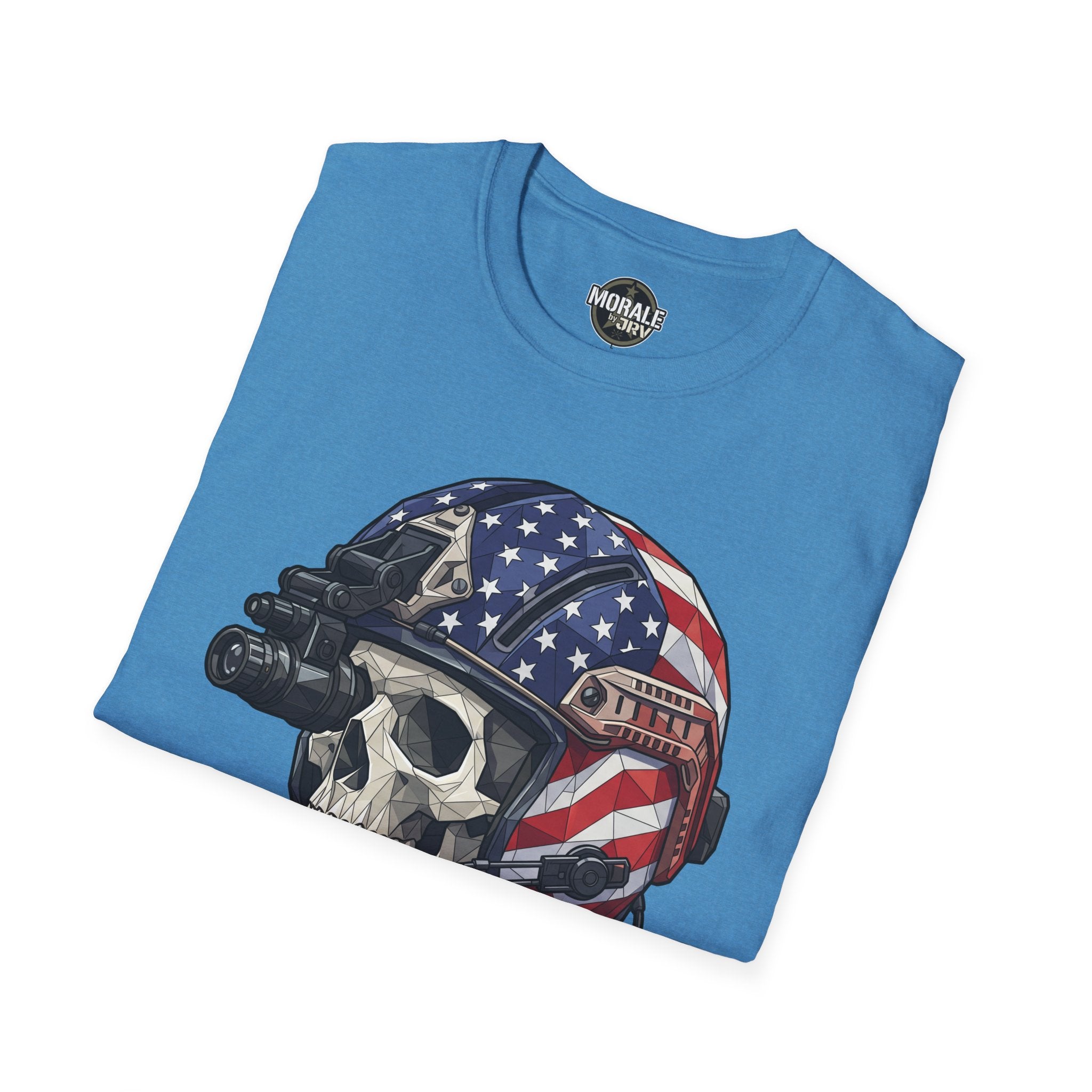 Tactical skull helmet T-shirt in light blue with American flag helmet skull art